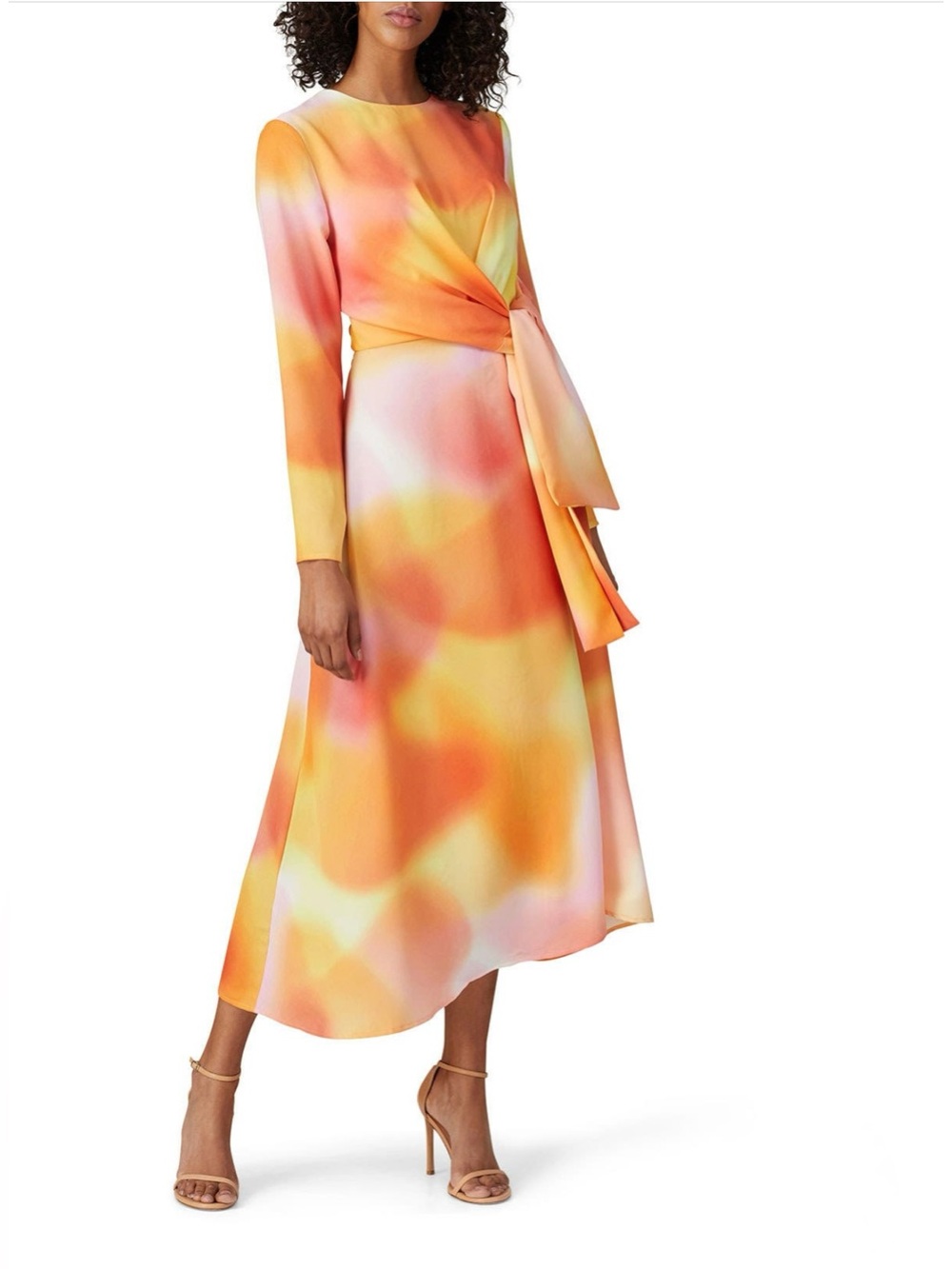 C/MEO Collective Long-Sleeve Tie-Waist Midi Dress in Orange-Pink Watercolor